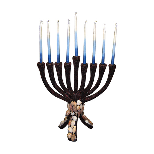 GiftBay 6046 Menorah 9-Branch Beautifully Hand Crafted with Sea Shells and Thousands of Dark Brown Beads on Metal 11" H