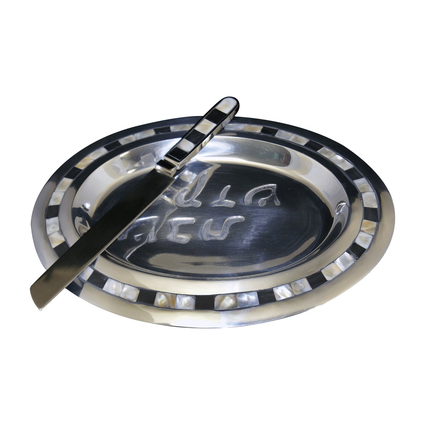 GiftBay 597 Challah Bread Oval Silver Finish Tray 14"x9" and Cutting Knife Set Polished Aluminum Made