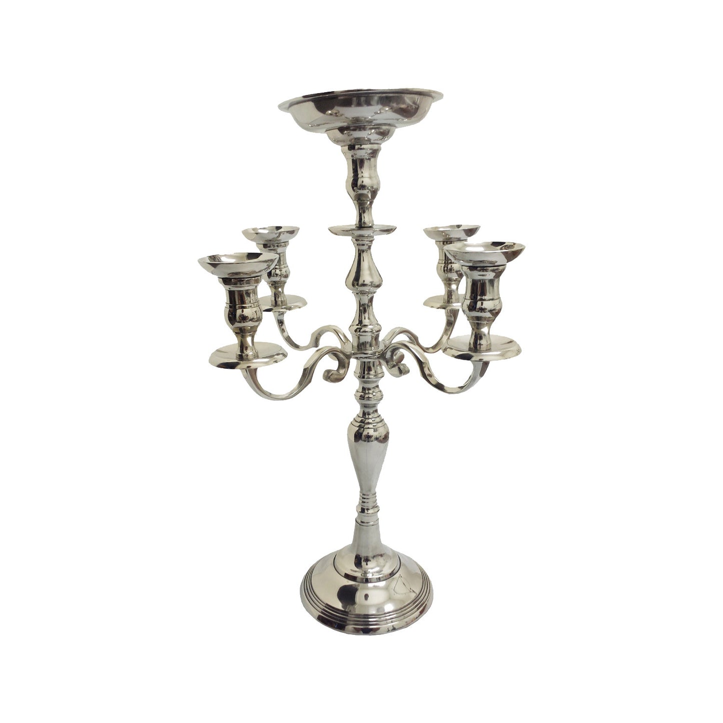 GiftBay 4003 Wedding Candelabra with 5 Candlestick Holders and 1 Flower Pot Plate Holders, Silver Nickle Plated, 24"H and 16"W