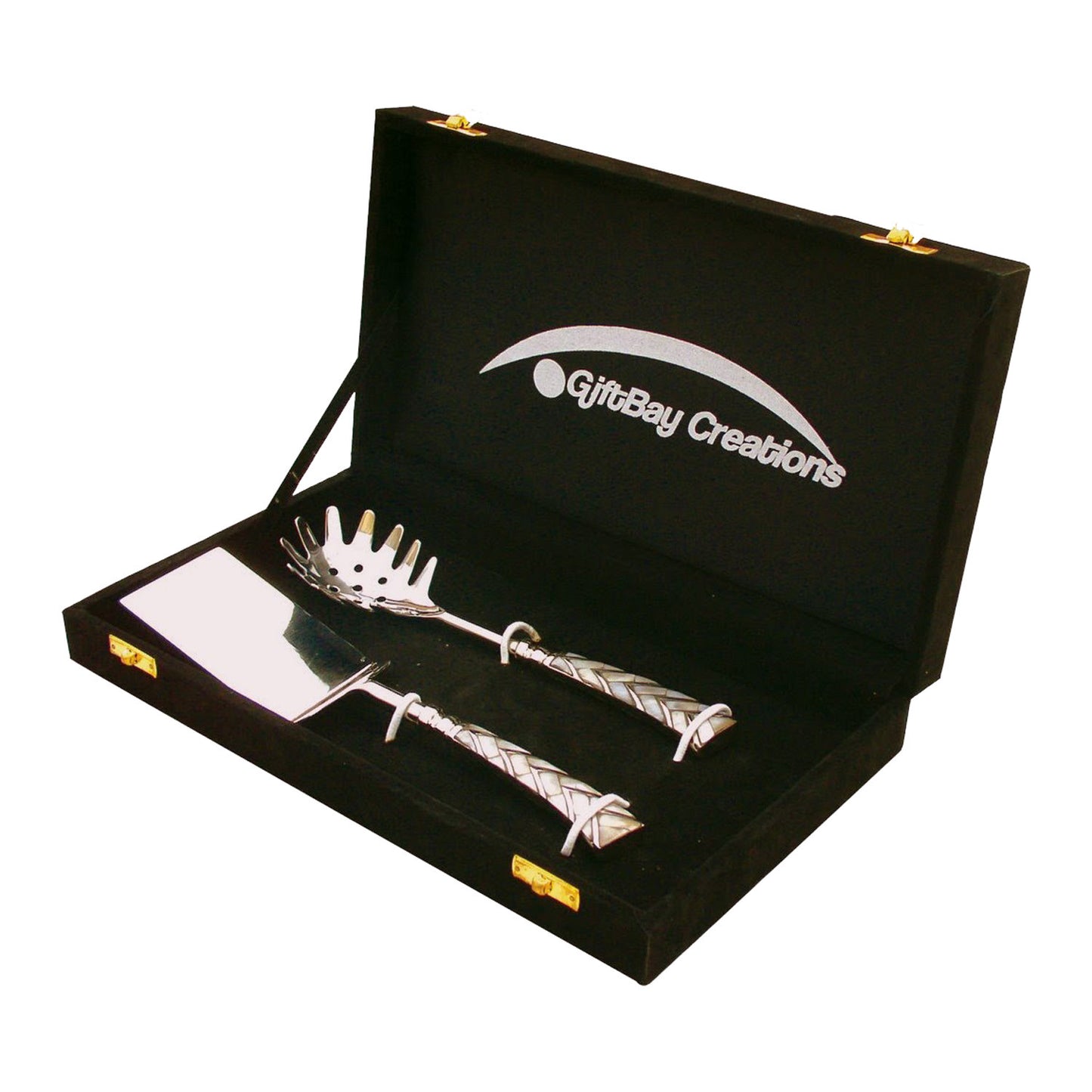 GiftBay 588 Silver Finish Lasagna and Pasta 2 Piece Set 10" in a Velvet Wooden Gift Box, Handles Decorated with Mother of Pearls