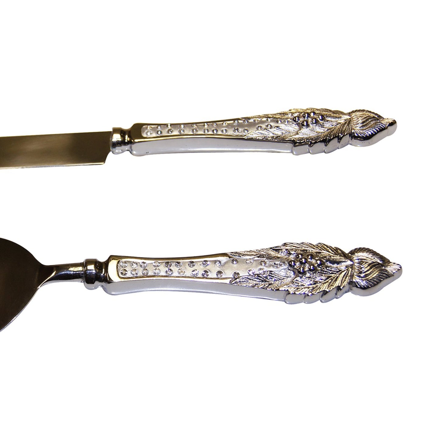 GiftBay Wedding Cake Knife & Server Set of 2 Pieces in Wooden Velvet Box., 12" L, Silver, Handles with Crystals