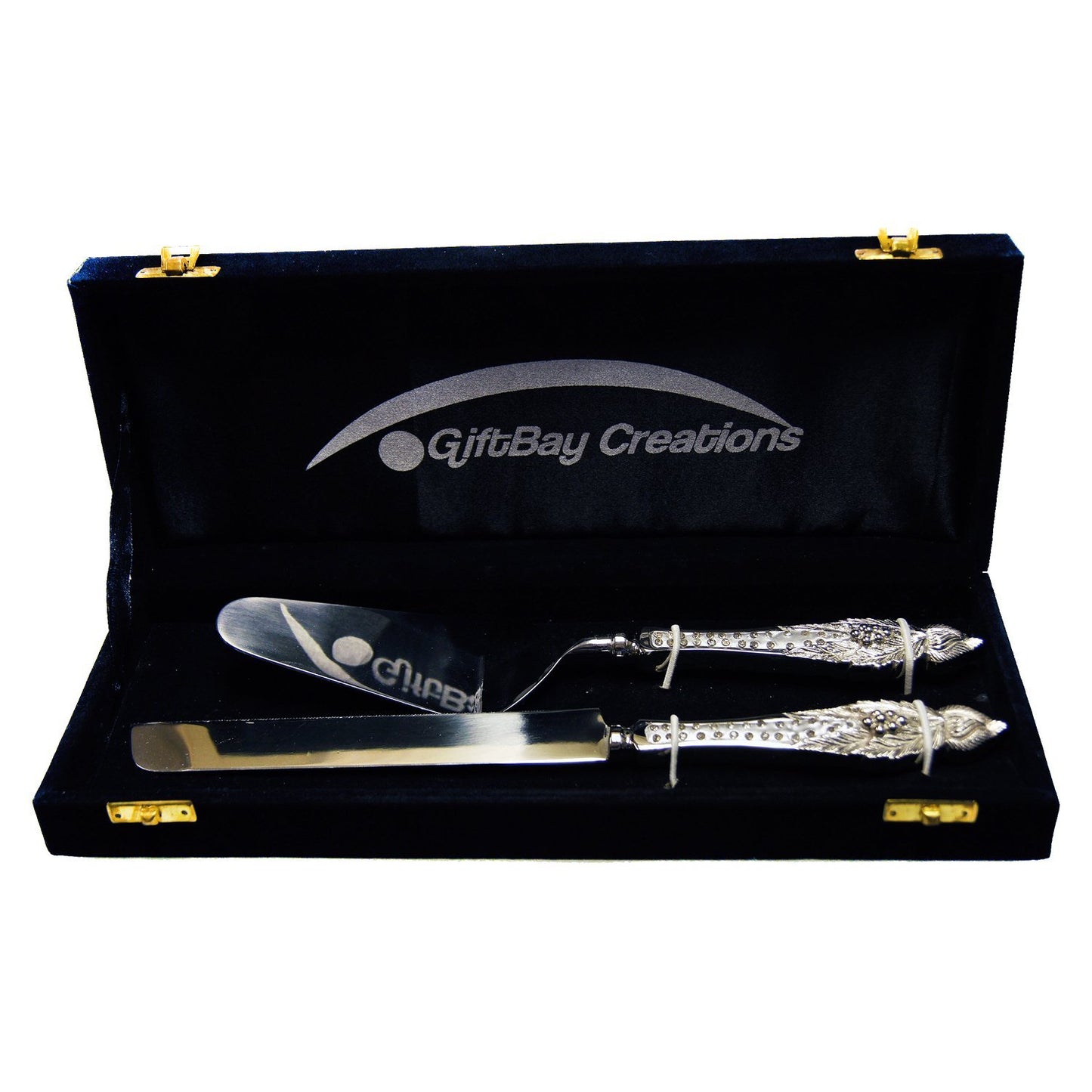 GiftBay Wedding Cake Knife & Server Set of 2 Pieces in Wooden Velvet Box., 12" L, Silver, Handles with Crystals