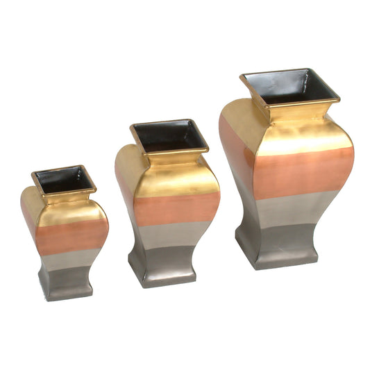 GiftBay 8003 (S/3) Beautiful Four Tone Finish on Brass Metal Vase Set 11", 9.5" & 7" High