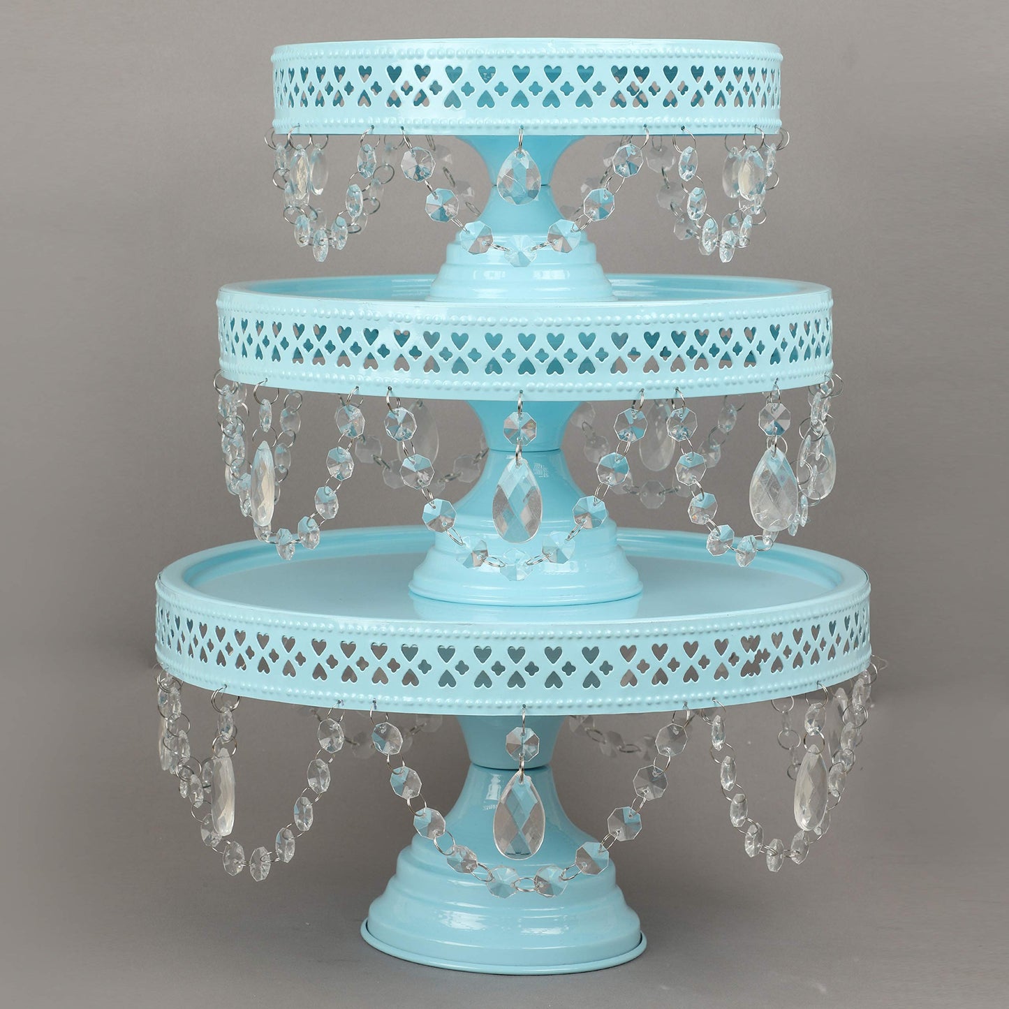GiftBay Creations - Cake Stand Pedestal Round Strong Metal with Clear Hanging Crystals Set/3 (9-Inch, 11-Inch, 13-Inch, Sky Blue)