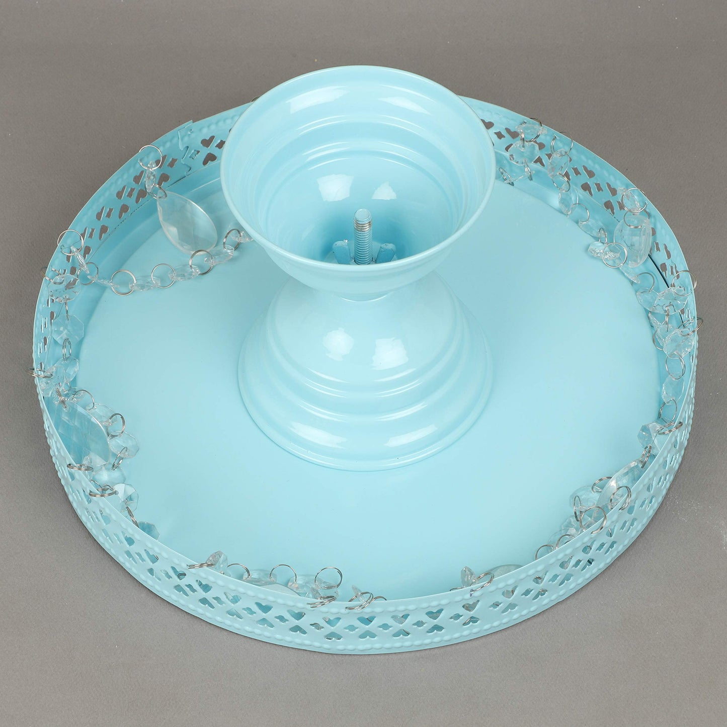 GiftBay Creations Cake Stand Pedestal 11" Diameter (Top), Strong Metal with Clear Hanging Crystals (Sky Blue)