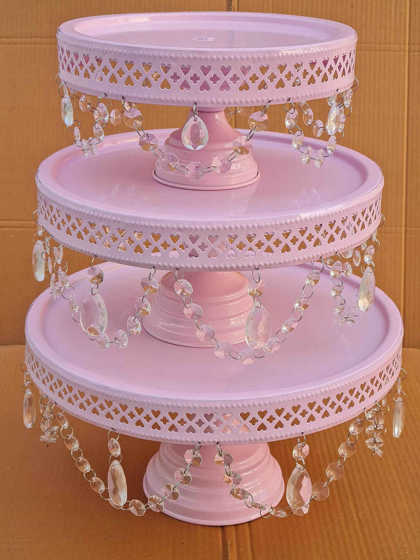 GiftBay Creations - Cake Stand Pedestal Round Strong Metal with Clear Hanging Crystals Set/3 (9-Inch, 11-Inch, 13-Inch, Pink)