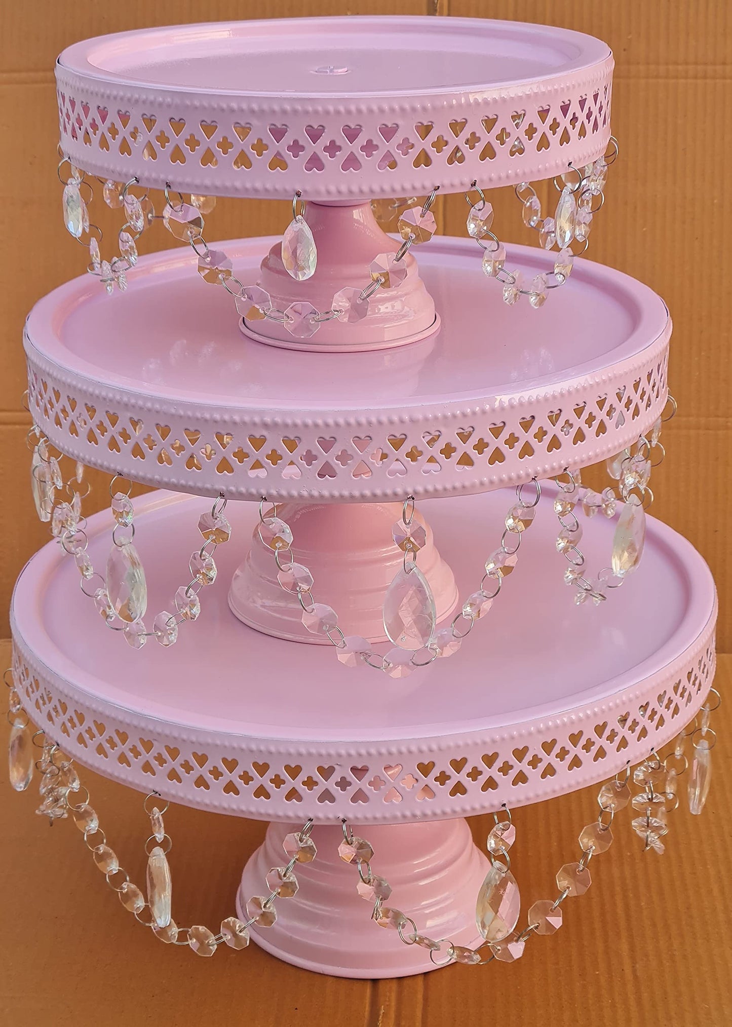 GiftBay Creations - Cake Stand Pedestal Round Strong Metal with Clear Hanging Crystals Set/3 (9-Inch, 11-Inch, 13-Inch, Pink)