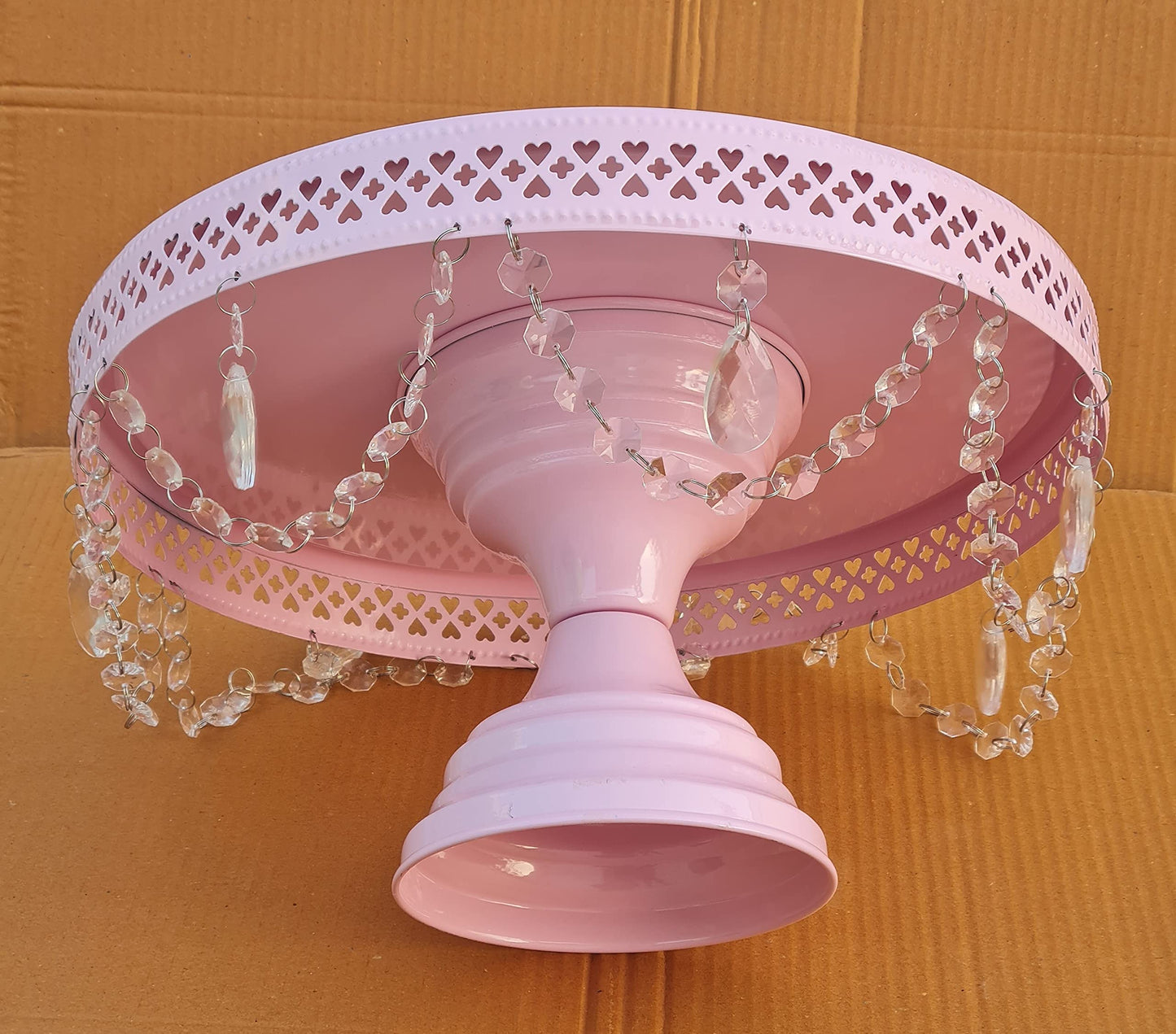 GiftBay Creations Cake Stand Pedestal 11" Diameter (Top), Strong Metal with Clear Hanging Crystals (Pink)