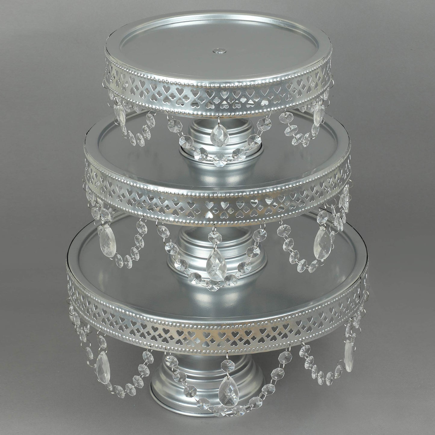 GiftBay Creations - Cake Stand Pedestal Round Strong Metal with Clear Hanging Crystals Set/3 (9-Inch, 11-Inch, 13-Inch, Silver)