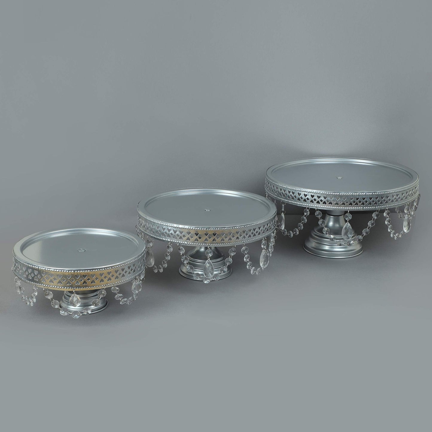 GiftBay Creations - Cake Stand Pedestal Round Strong Metal with Clear Hanging Crystals Set/3 (9-Inch, 11-Inch, 13-Inch, Silver)