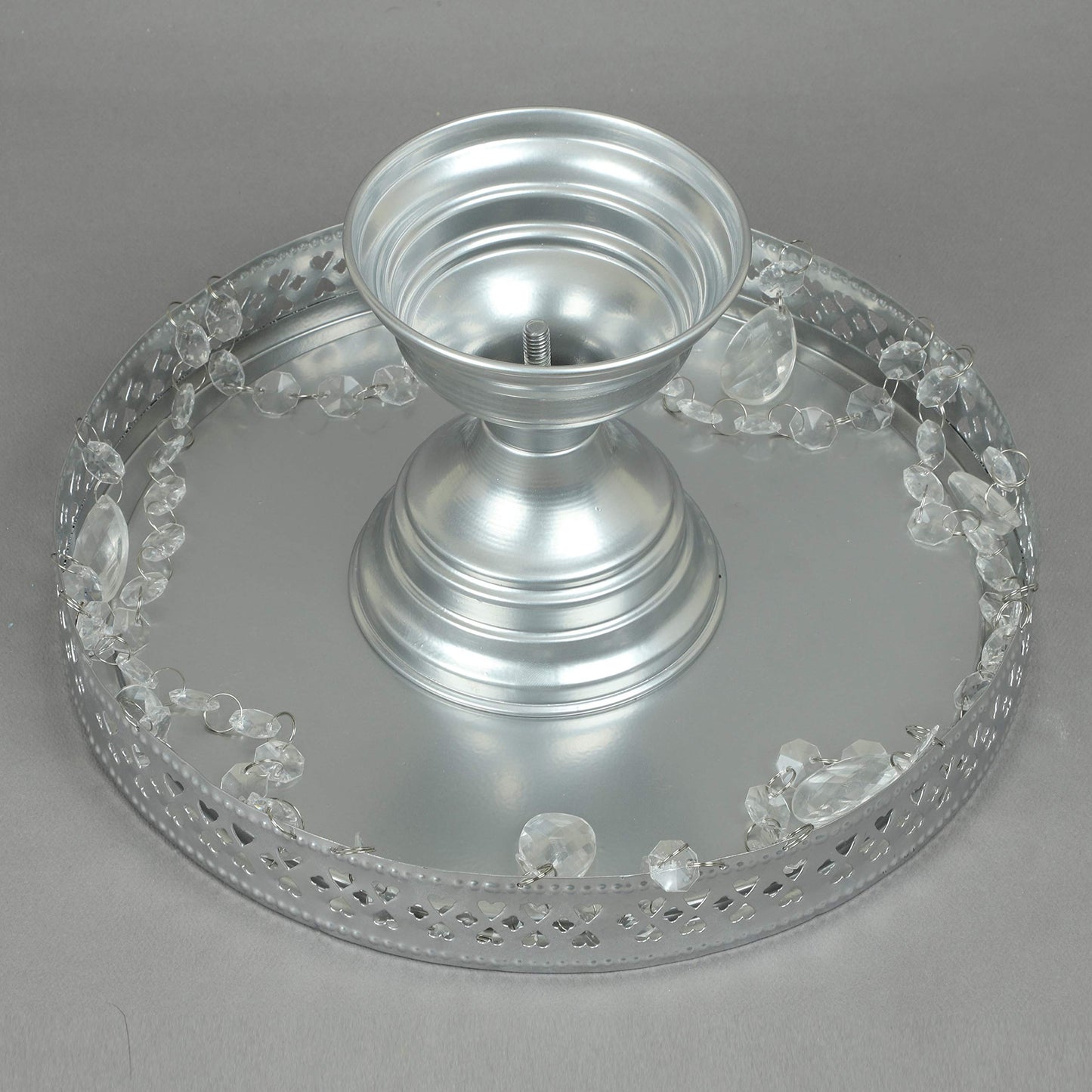 GiftBay Creations Cake Stand Pedestal 13" Diameter (Top), Strong Metal with Clear Hanging Crystals (Silver)
