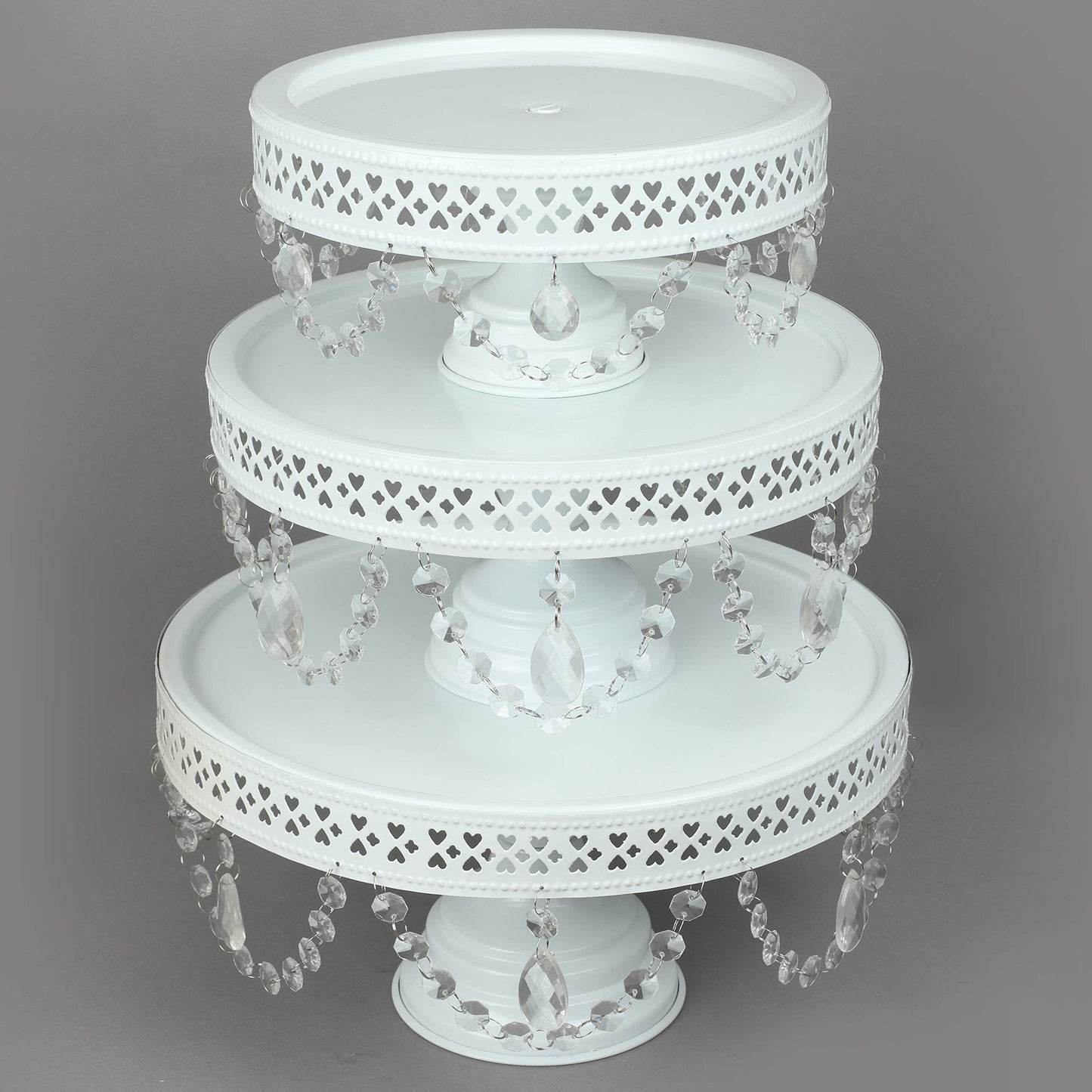 GiftBay Creations - Cake Stand Pedestal Round Strong Metal with Clear Hanging Crystals Set/3 (9-Inch, 11-Inch, 13-Inch, White)