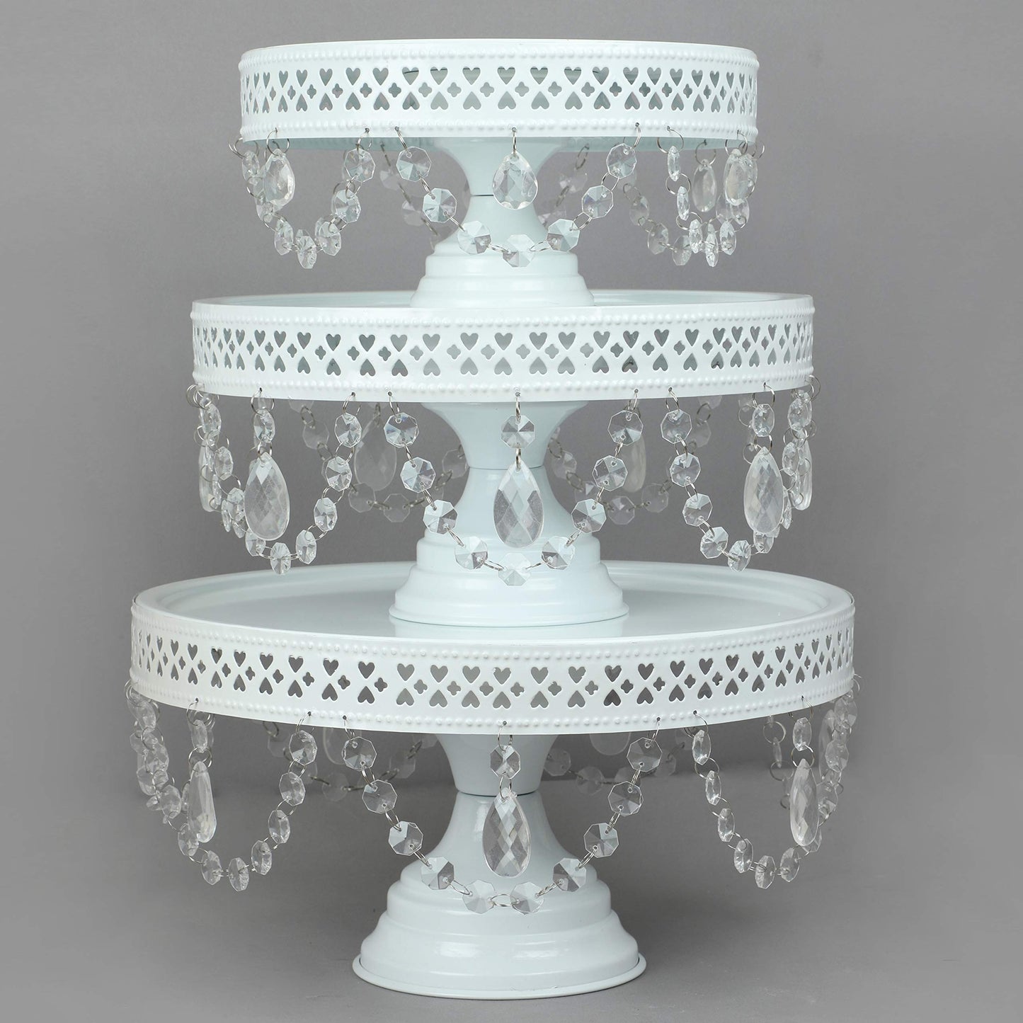GiftBay Creations - Cake Stand Pedestal Round Strong Metal with Clear Hanging Crystals Set/3 (9-Inch, 11-Inch, 13-Inch, White)