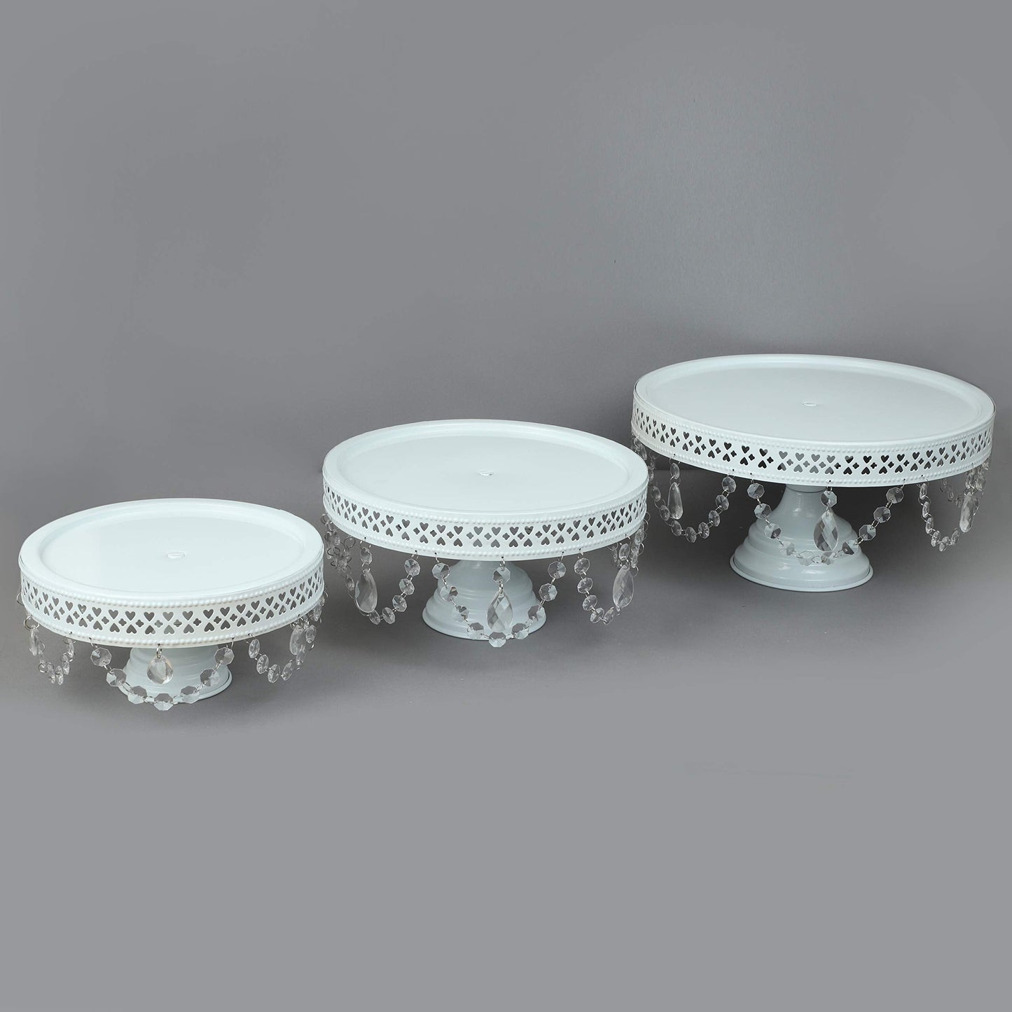 GiftBay Creations - Cake Stand Pedestal Round Strong Metal with Clear Hanging Crystals Set/3 (9-Inch, 11-Inch, 13-Inch, White)