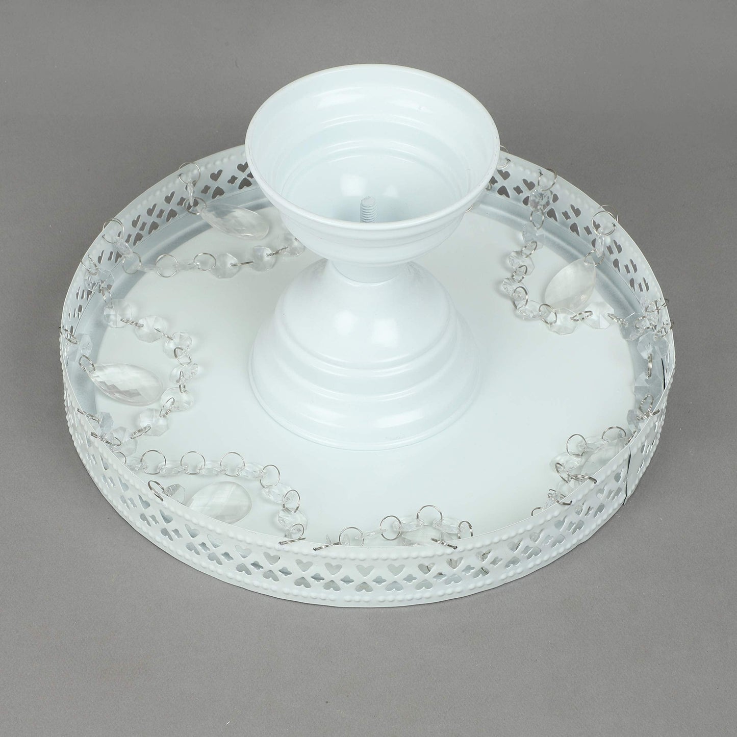 GiftBay Creations - Cake Stand Pedestal Round Strong Metal with Clear Hanging Crystals Set/3 (9-Inch, 11-Inch, 13-Inch, White)