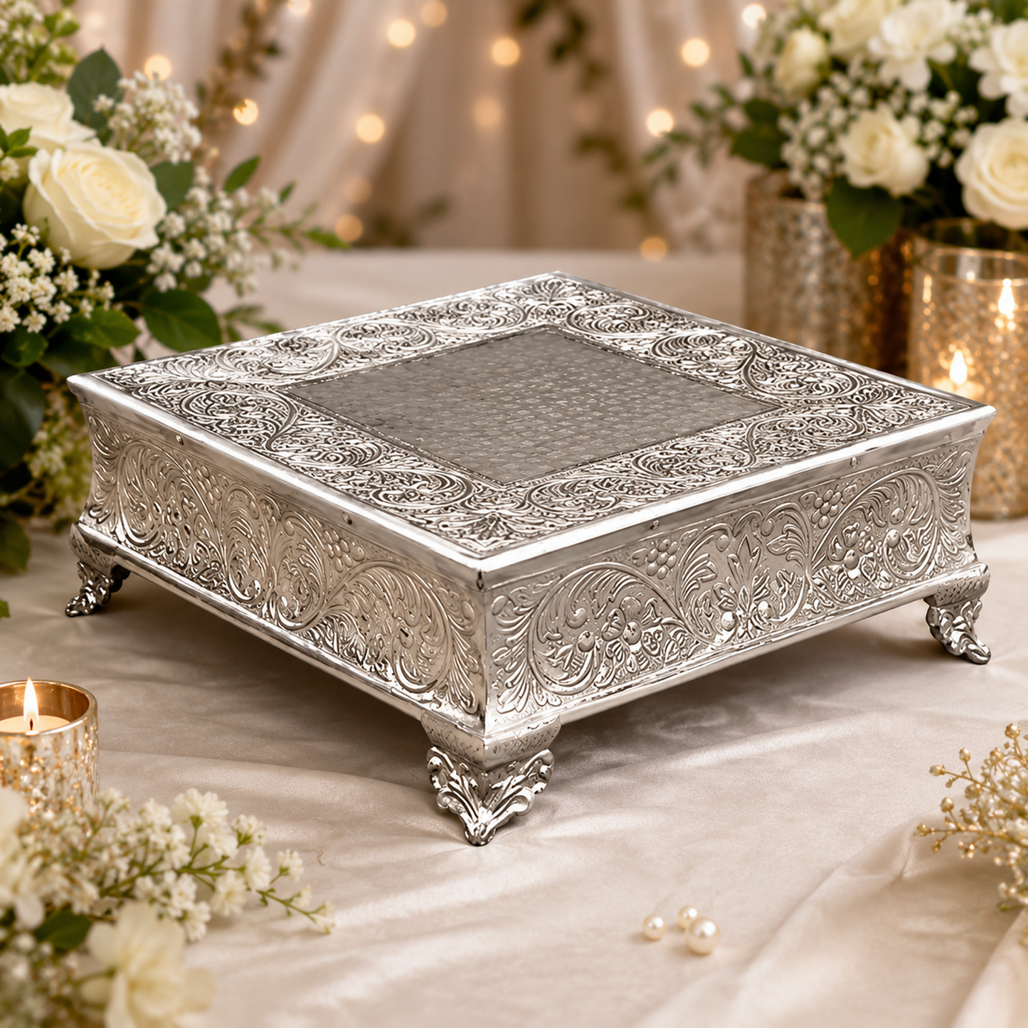 GiftBay Creations Wedding Cake Stand Square Silver Finish (16-Inch)