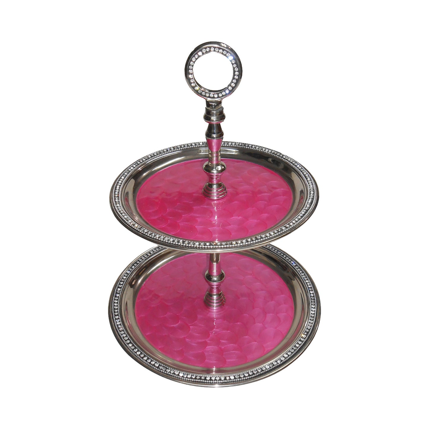 GiftBay 575 Wedding 2-Tier Cupcake Stand Round 16" High, Pink Color Enameled Trays with Clear Crystal-Studded Rim