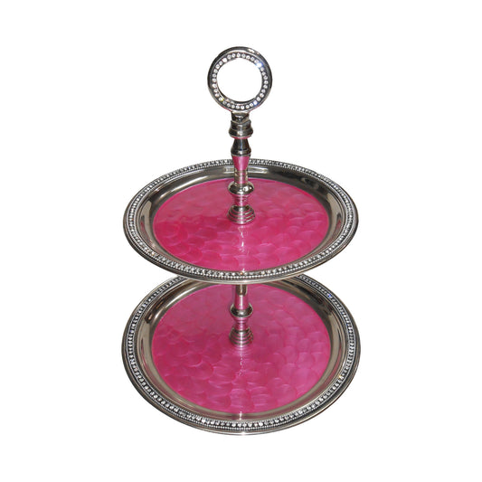 GiftBay 575 Wedding 2-Tier Cupcake Stand Round 16" High, Pink Color Enameled Trays with Clear Crystal-Studded Rim