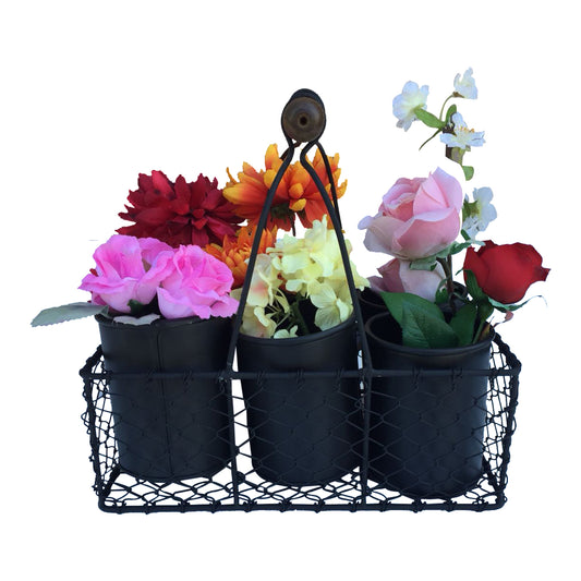 GifBay Creations Metal Wire Basket with Six Pots 11" High (Black)