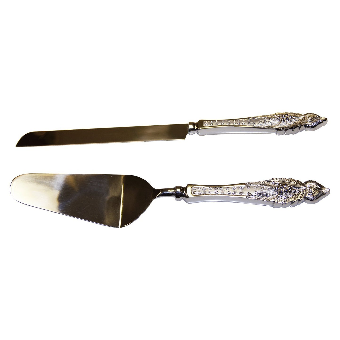 GiftBay Wedding Cake Knife & Server Set of 2 Pieces in Wooden Velvet Box., 12" L, Silver, Handles with Crystals