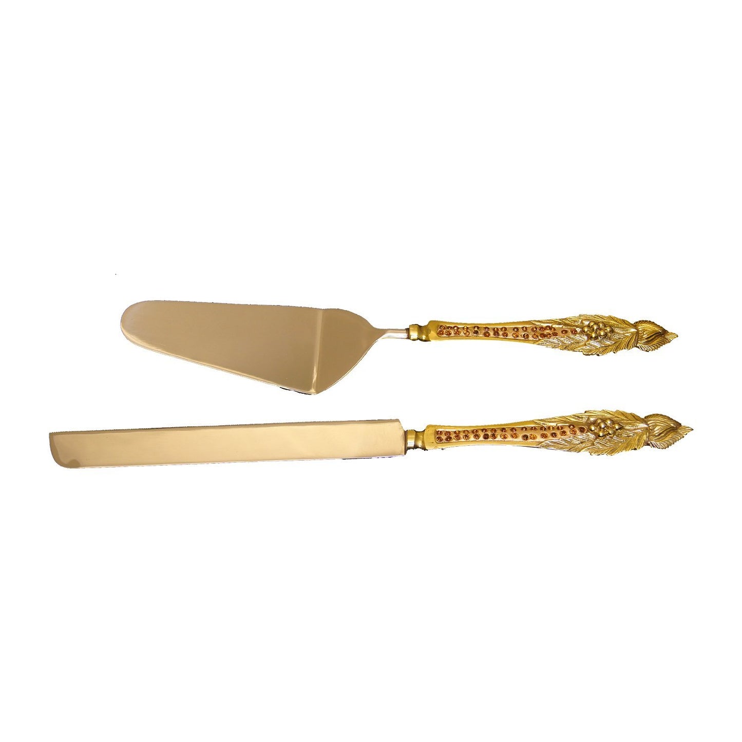 GiftBay Wedding Cake Knife & Server Set of 2 Pieces in Wooden Velvet Box., 12" L, Gold, Handles with Crystals