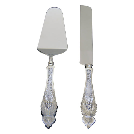 GiftBay Wedding Cake Knife & Server Set of 2 Pieces in Wooden Velvet Box., 12" L, Silver, Handles with Crystals