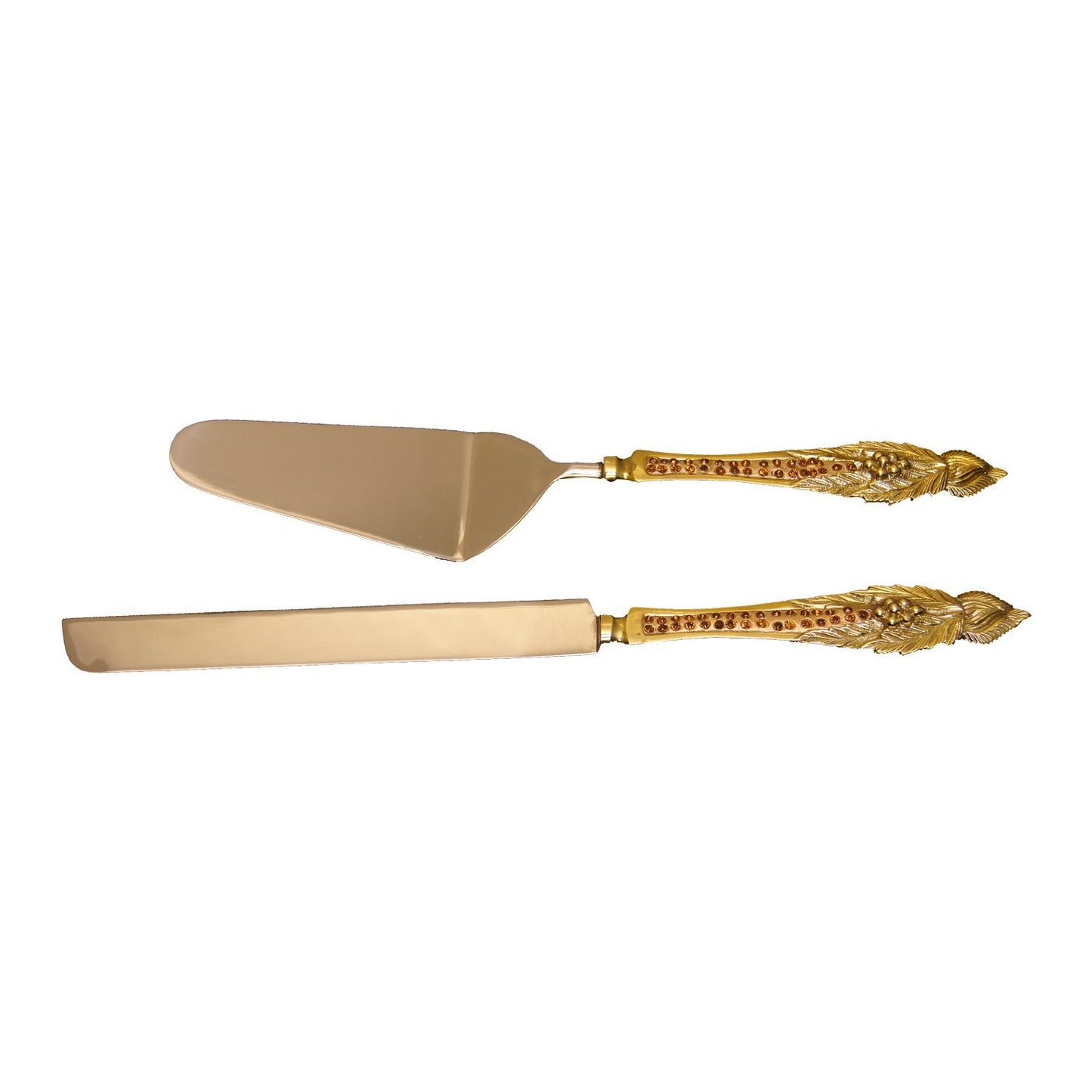 GiftBay Wedding Cake Knife & Server Set of 2 Pieces in Wooden Velvet Box., 12" L, Gold, Handles with Crystals
