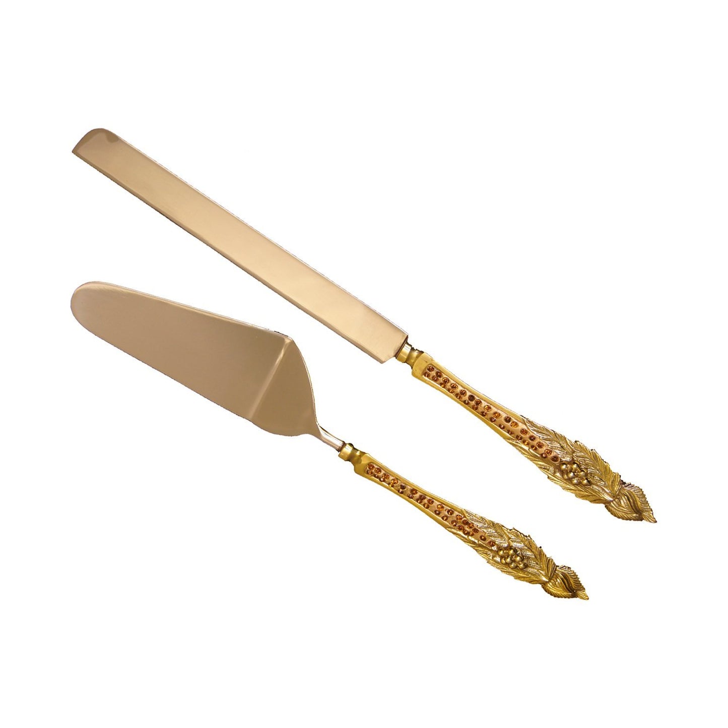 GiftBay Wedding Cake Knife & Server Set of 2 Pieces in Wooden Velvet Box., 12" L, Gold, Handles with Crystals