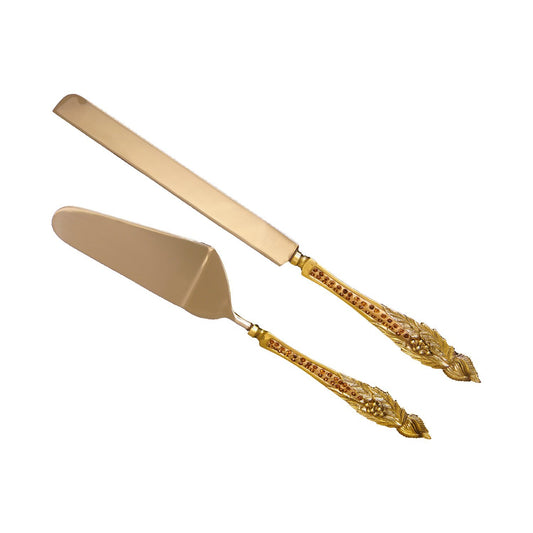 GiftBay Wedding Cake Knife & Server Set of 2 Pieces in Wooden Velvet Box., 12" L, Gold, Handles with Crystals