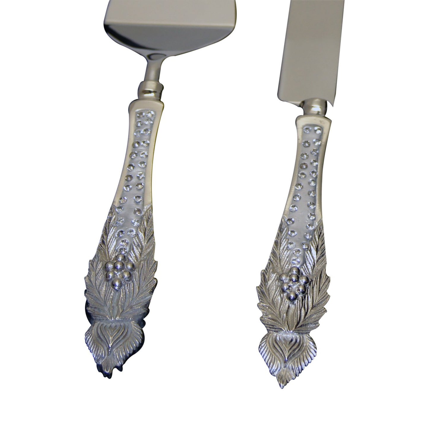 GiftBay Wedding Cake Knife & Server Set of 2 Pieces in Wooden Velvet Box., 12" L, Silver, Handles with Crystals