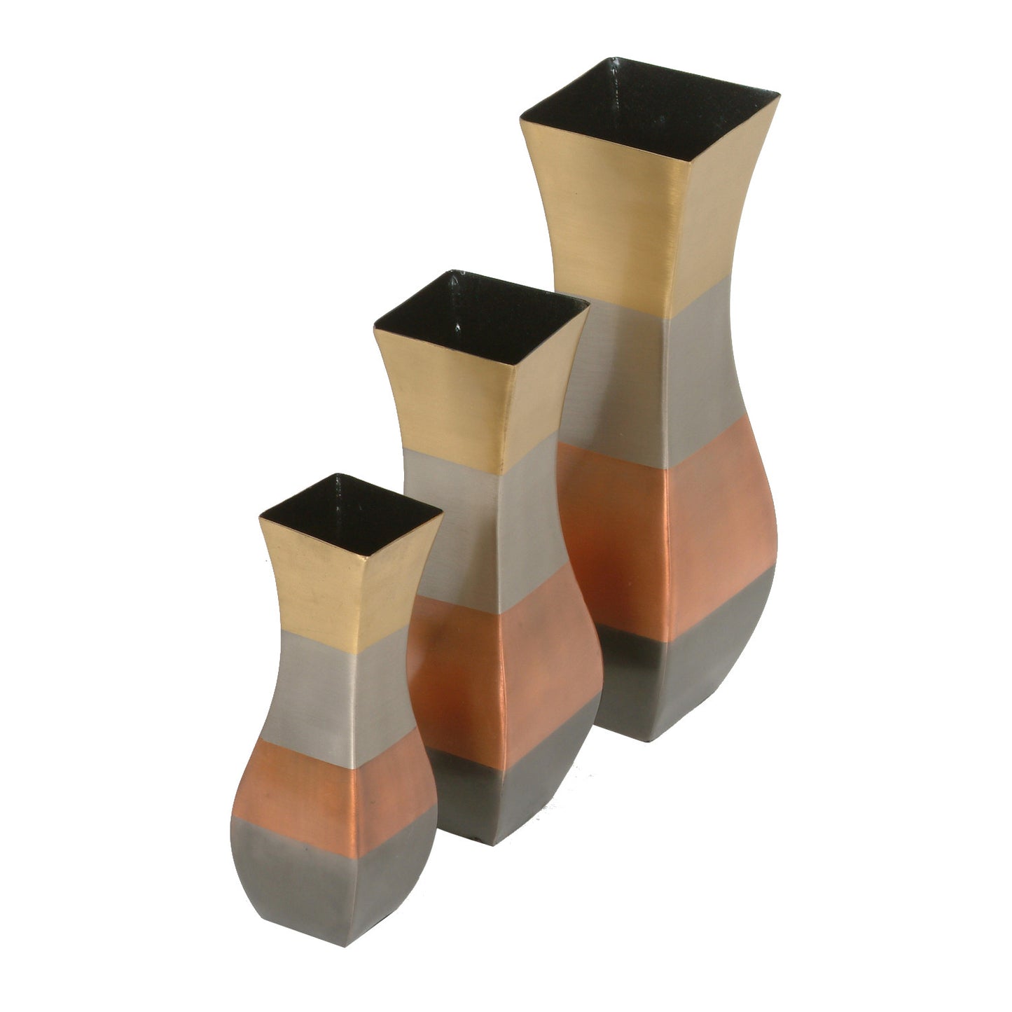 GiftBay 8004 (S/3) Brass Metal Vase Set of 3, Sizes 11", 9" & 7" Height, Four-Tone Antique Black, Copper, Silver, and Gold Plated Finish