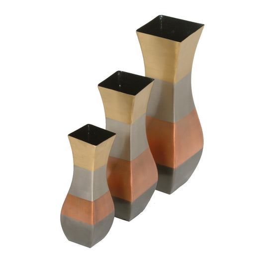 GiftBay 8004 (S/3) Brass Metal Vase Set of 3, Sizes 11", 9" & 7" Height, Four-Tone Antique Black, Copper, Silver, and Gold Plated Finish