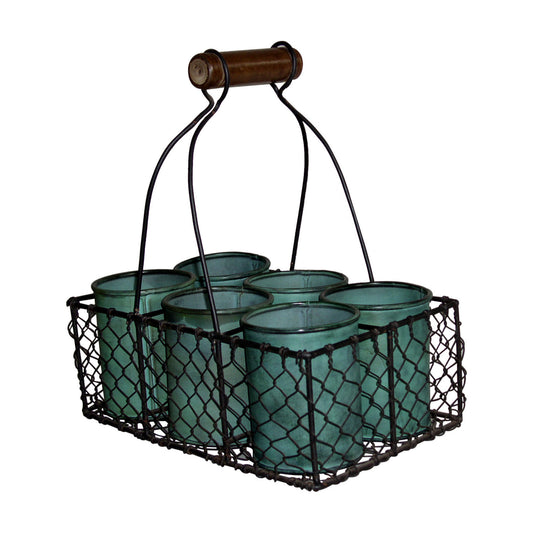 GifBay Creations® Metal Wire Basket with Six Pots 11" High (Green)
