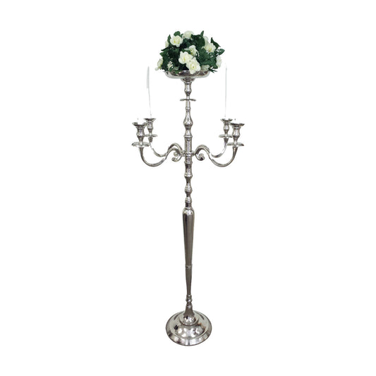 GiftBay 4016 Wedding Candelabra with 5 Candlestick Holders and 1 Flower Pot Plate Holder, Silver, Nickle Plated, 62"H and 27"W