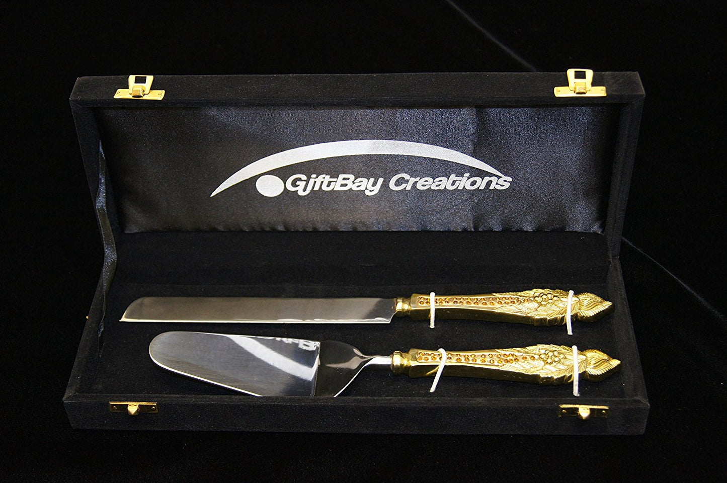 GiftBay Wedding Cake Knife & Server Set of 2 Pieces in Wooden Velvet Box., 12" L, Gold, Handles with Crystals