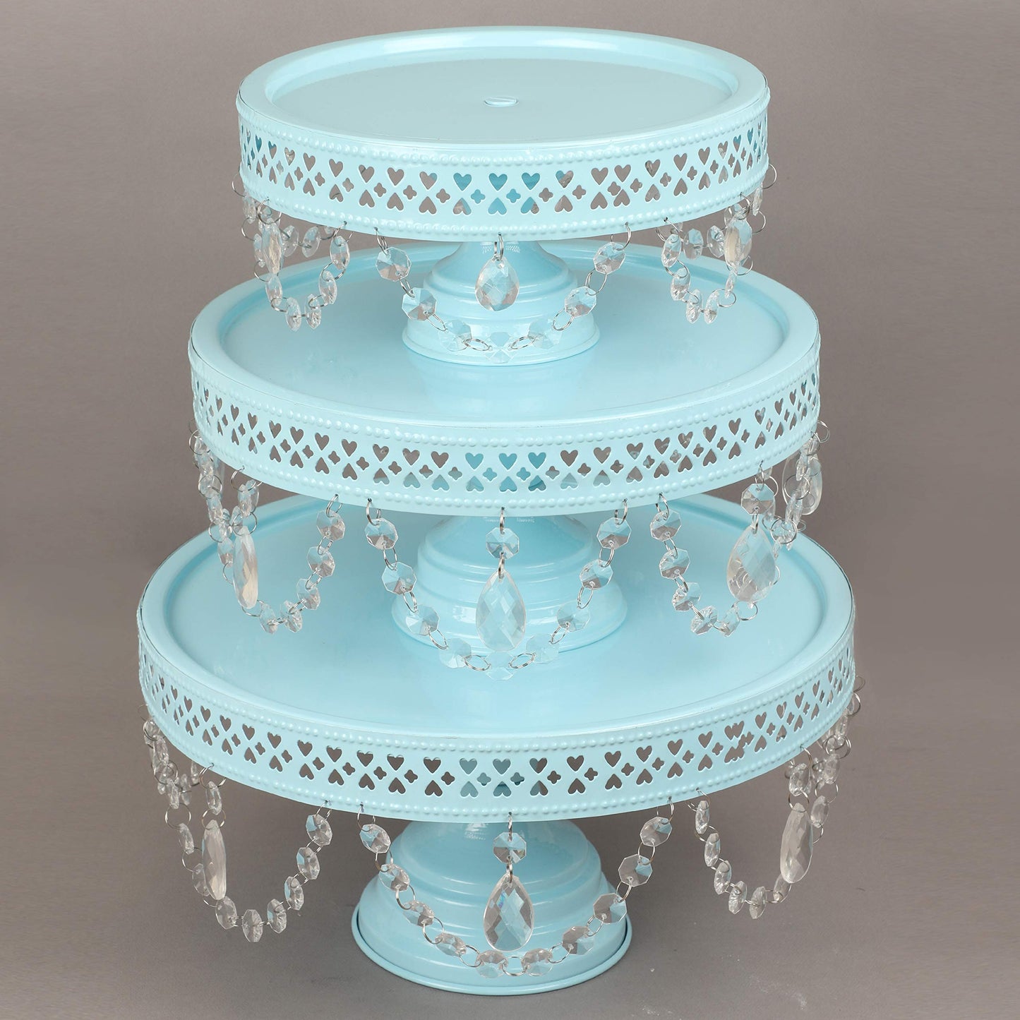 GiftBay Creations - Cake Stand Pedestal Round Strong Metal with Clear Hanging Crystals Set/3 (9-Inch, 11-Inch, 13-Inch, Sky Blue)