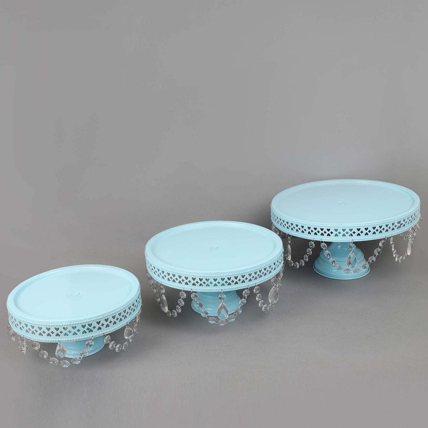 GiftBay Creations - Cake Stand Pedestal Round Strong Metal with Clear Hanging Crystals Set/3 (9-Inch, 11-Inch, 13-Inch, Sky Blue)