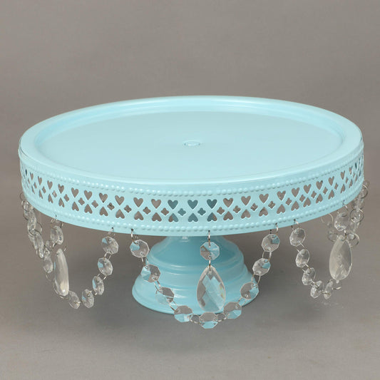 GiftBay Creations Cake Stand Pedestal 11" Diameter (Top), Strong Metal with Clear Hanging Crystals (Sky Blue)