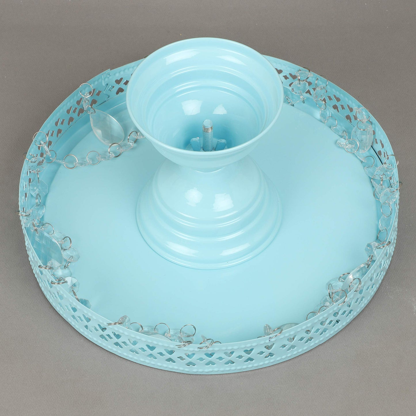 GiftBay Creations Cake Stand Pedestal 13" Diameter (Top), Strong Metal with Clear Hanging Crystals (Sky Blue)