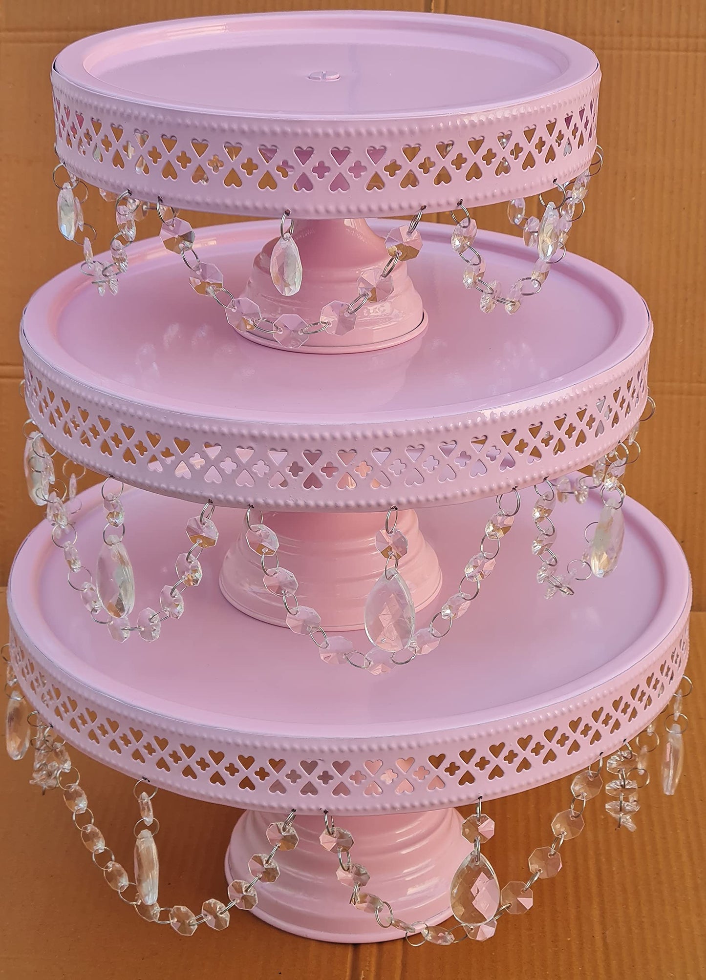 GiftBay Creations - Cake Stand Pedestal Round Strong Metal with Clear Hanging Crystals Set/3 (9-Inch, 11-Inch, 13-Inch, Pink)