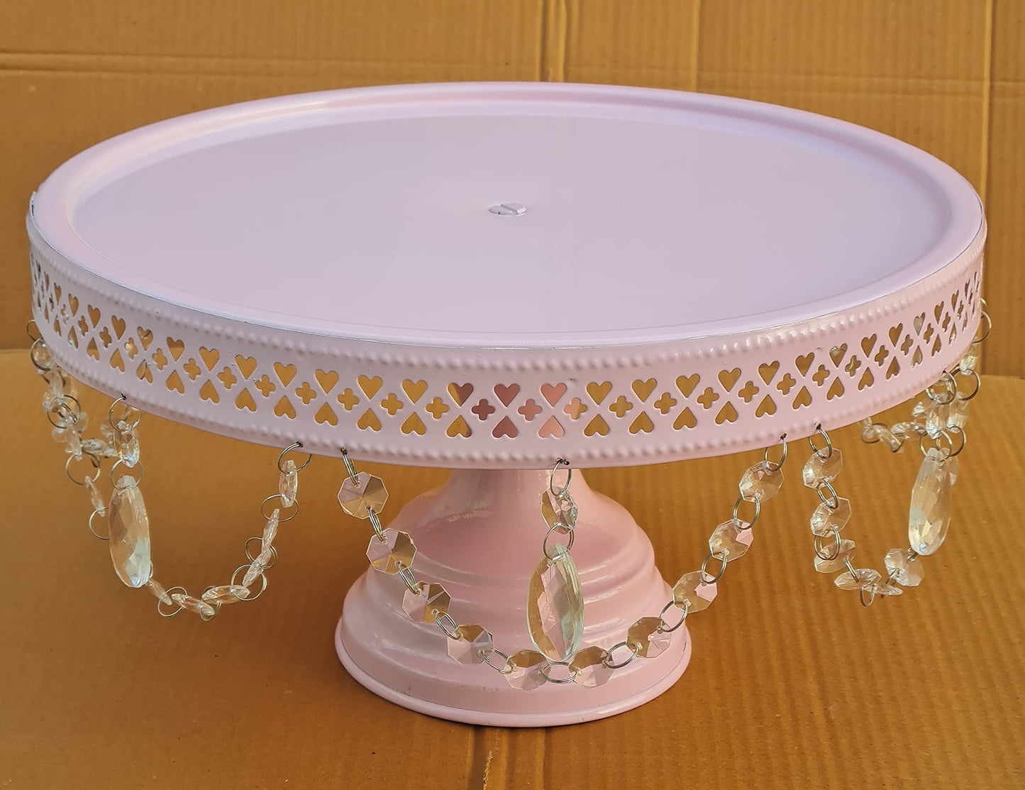 GiftBay Creations Cake Stand Pedestal 11" Diameter (Top), Strong Metal with Clear Hanging Crystals (Pink)