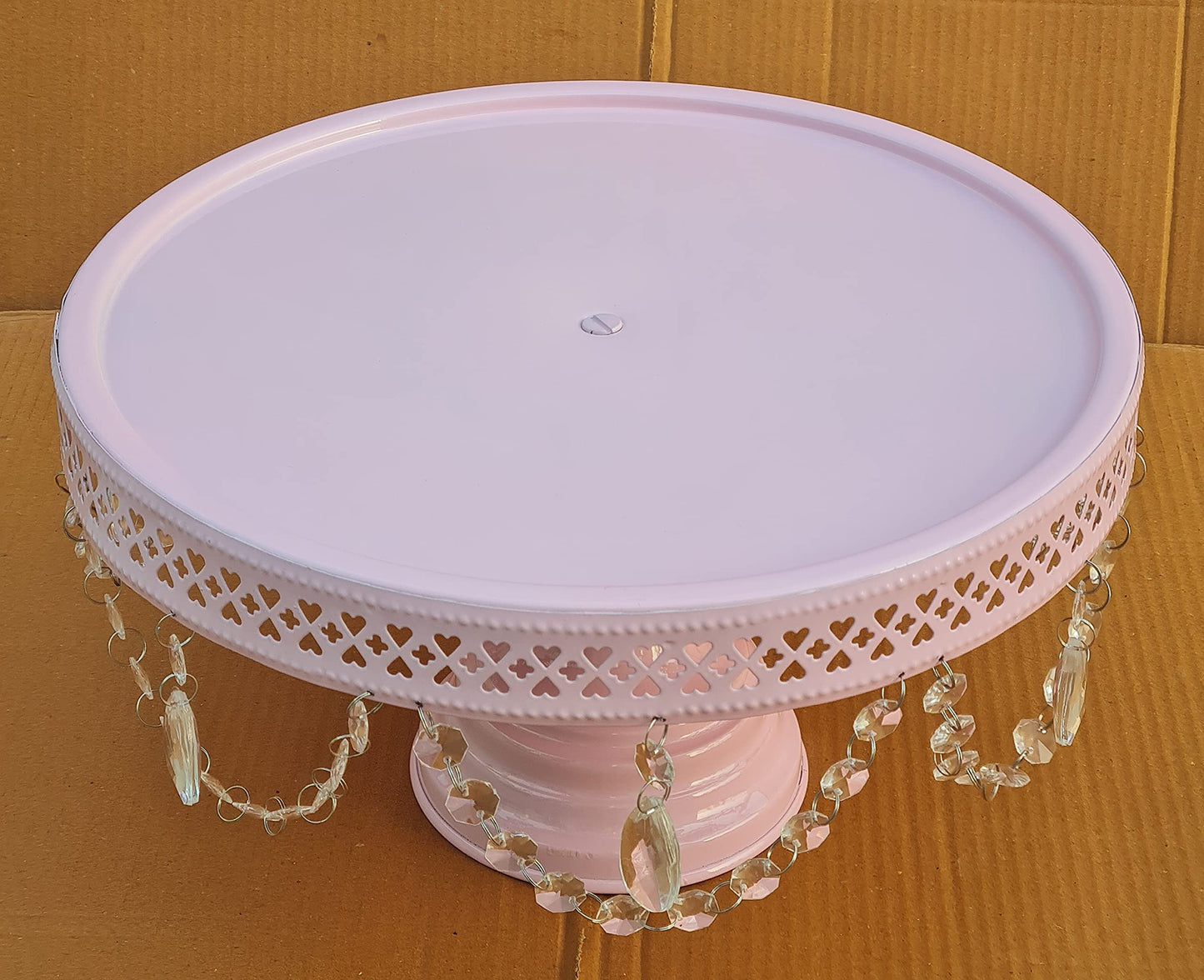 GiftBay Creations Cake Stand Pedestal 11" Diameter (Top), Strong Metal with Clear Hanging Crystals (Pink)
