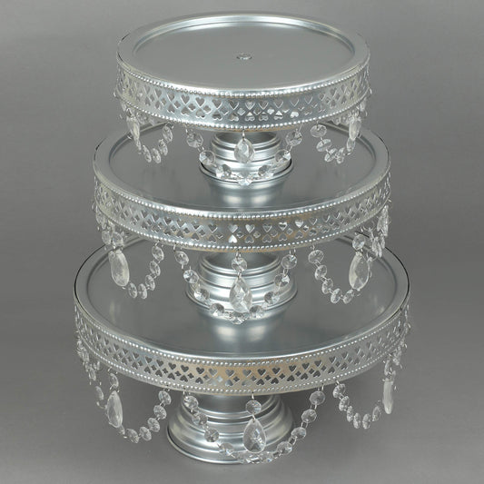 GiftBay Creations - Cake Stand Pedestal Round Strong Metal with Clear Hanging Crystals Set/3 (9-Inch, 11-Inch, 13-Inch, Silver)