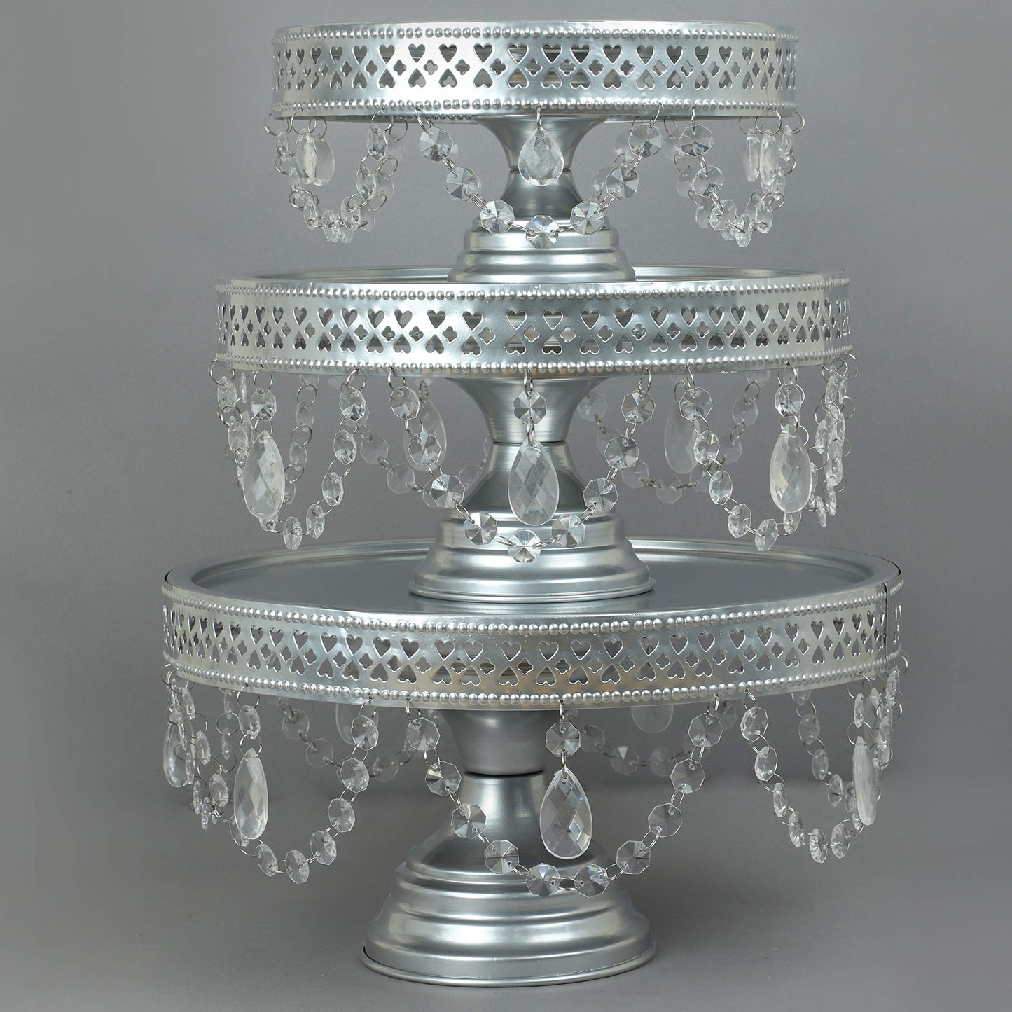 GiftBay Creations - Cake Stand Pedestal Round Strong Metal with Clear Hanging Crystals Set/3 (9-Inch, 11-Inch, 13-Inch, Silver)