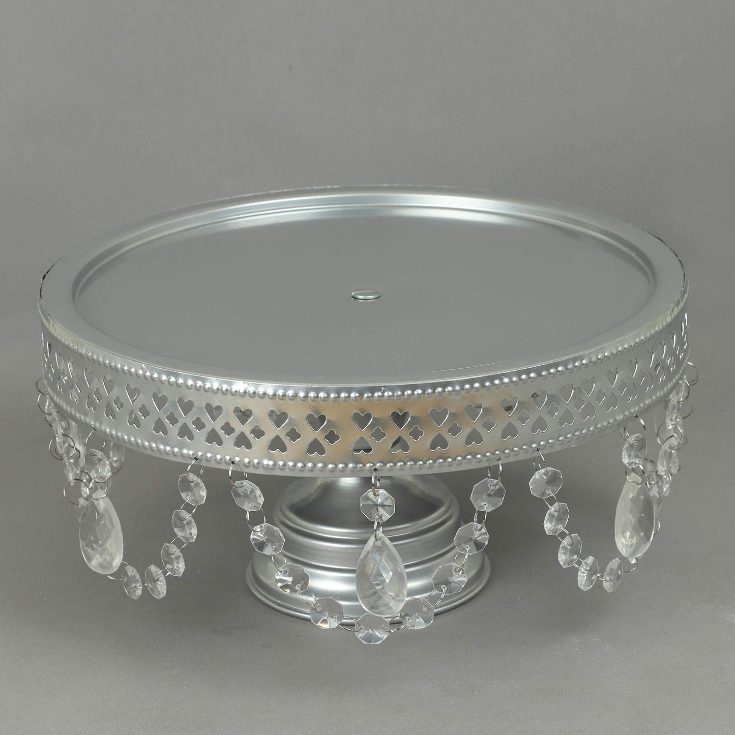 GiftBay Creations Cake Stand Pedestal 11" Diameter (Top), Strong Metal with Clear Hanging Crystals (Silver)