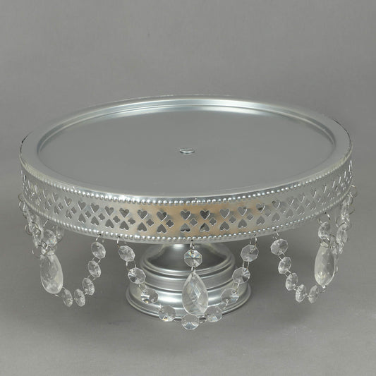 GiftBay Creations Cake Stand Pedestal 11" Diameter (Top), Strong Metal with Clear Hanging Crystals (Silver)
