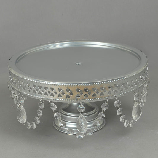 GiftBay Creations Cake Stand Pedestal 13" Diameter (Top), Strong Metal with Clear Hanging Crystals (Silver)