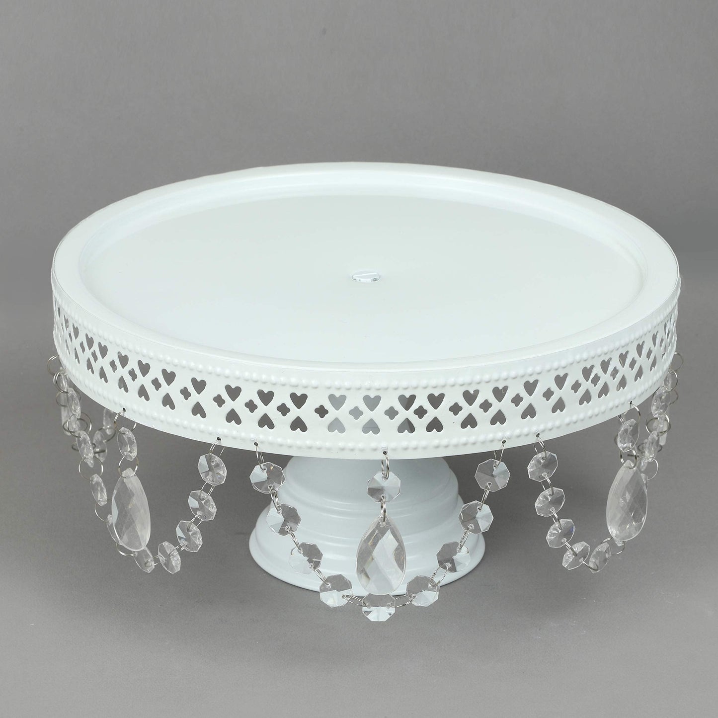 GiftBay Creations Cake Stand Pedestal 11" Diameter (Top), Strong Metal with Clear Hanging Crystals (White)
