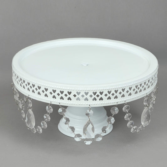 GiftBay Creations Cake Stand Pedestal 13" Diameter (Top), Strong Metal with Clear Hanging Crystals (White)